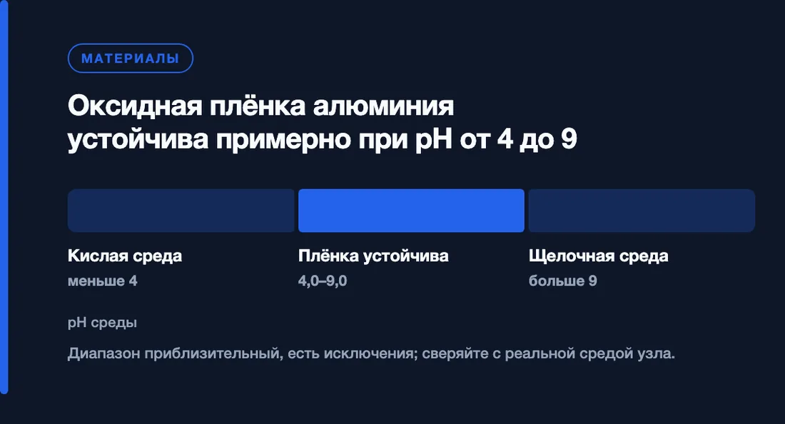 Оксидная плёнка алюминия устойчива примерно при pH от 4 до 9: Кислая среда меньше 4, Плёнка устойчива 4,0–9,0, Щелочная среда больше 9