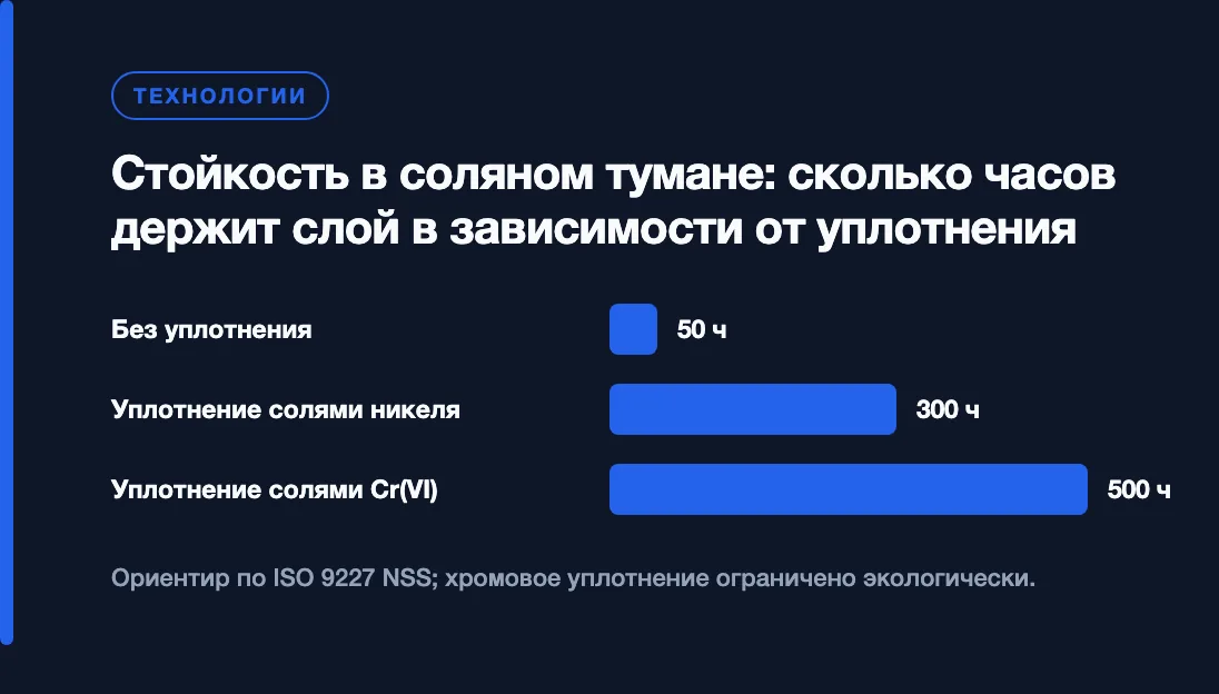 Стойкость в соляном тумане: сколько часов держит слой в зависимости от уплотнения: Без уплотнения — 50 ч, Уплотнение солями никеля — 300 ч, Уплотнение солями Cr(VI) — 500 ч